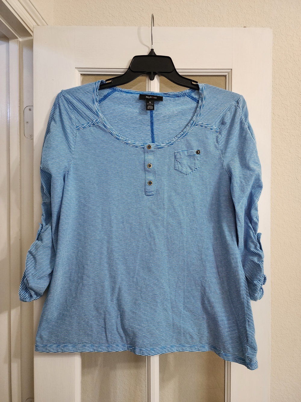 Style & Co Blue White Striped Roll Tab Henley Top XL Coastal Cotton